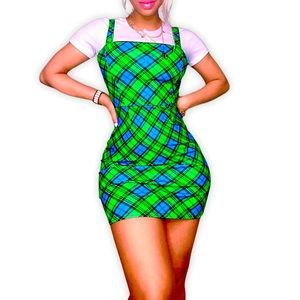 BLUE GREEN PLAID PINAFORE DRESS